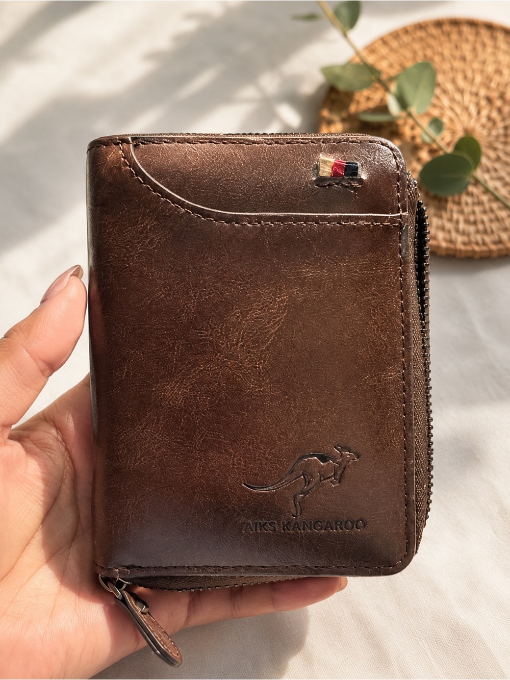 AIKS Kangaroo Brown Leather Zip Wallet